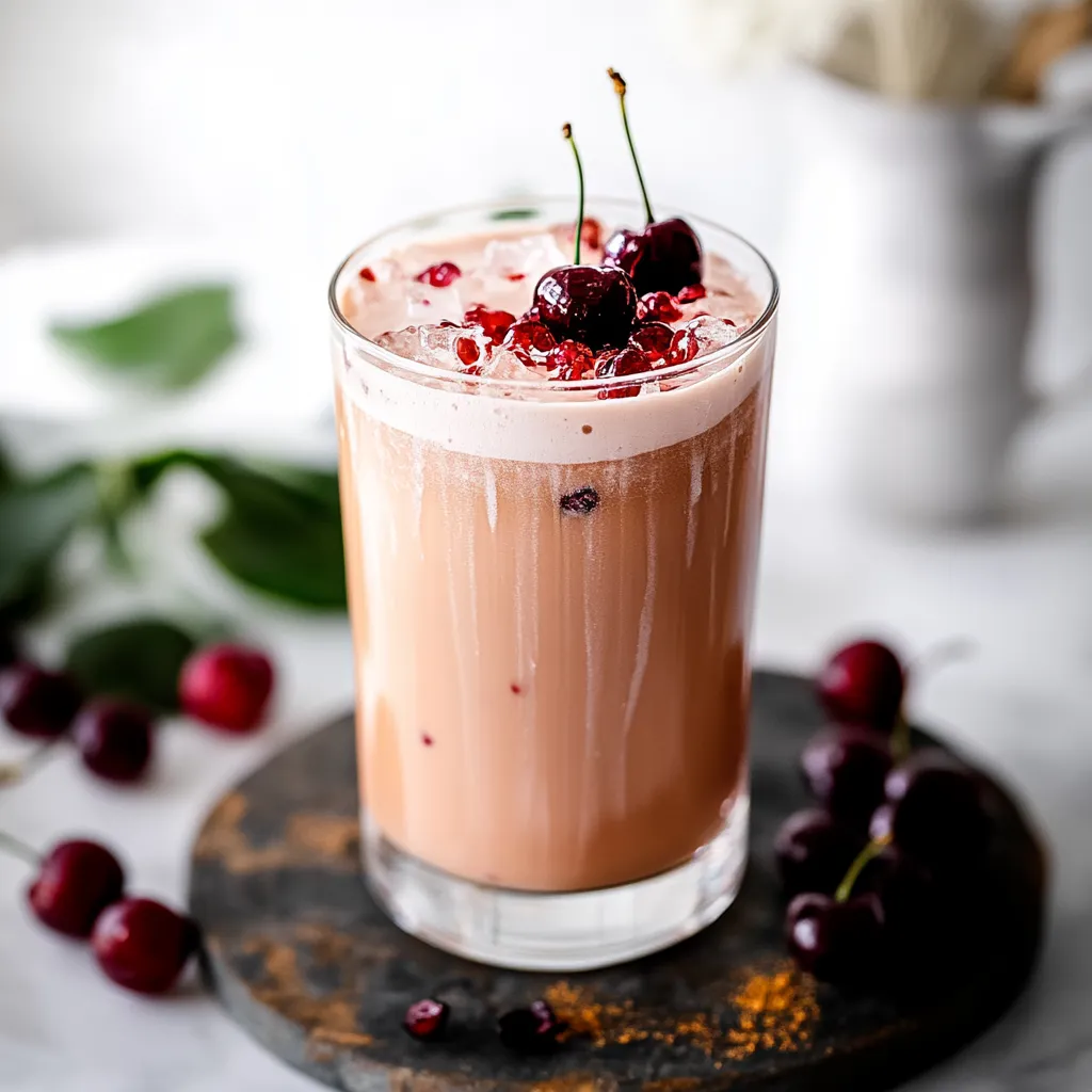 A glass of cherry juice with a cherry on top.
