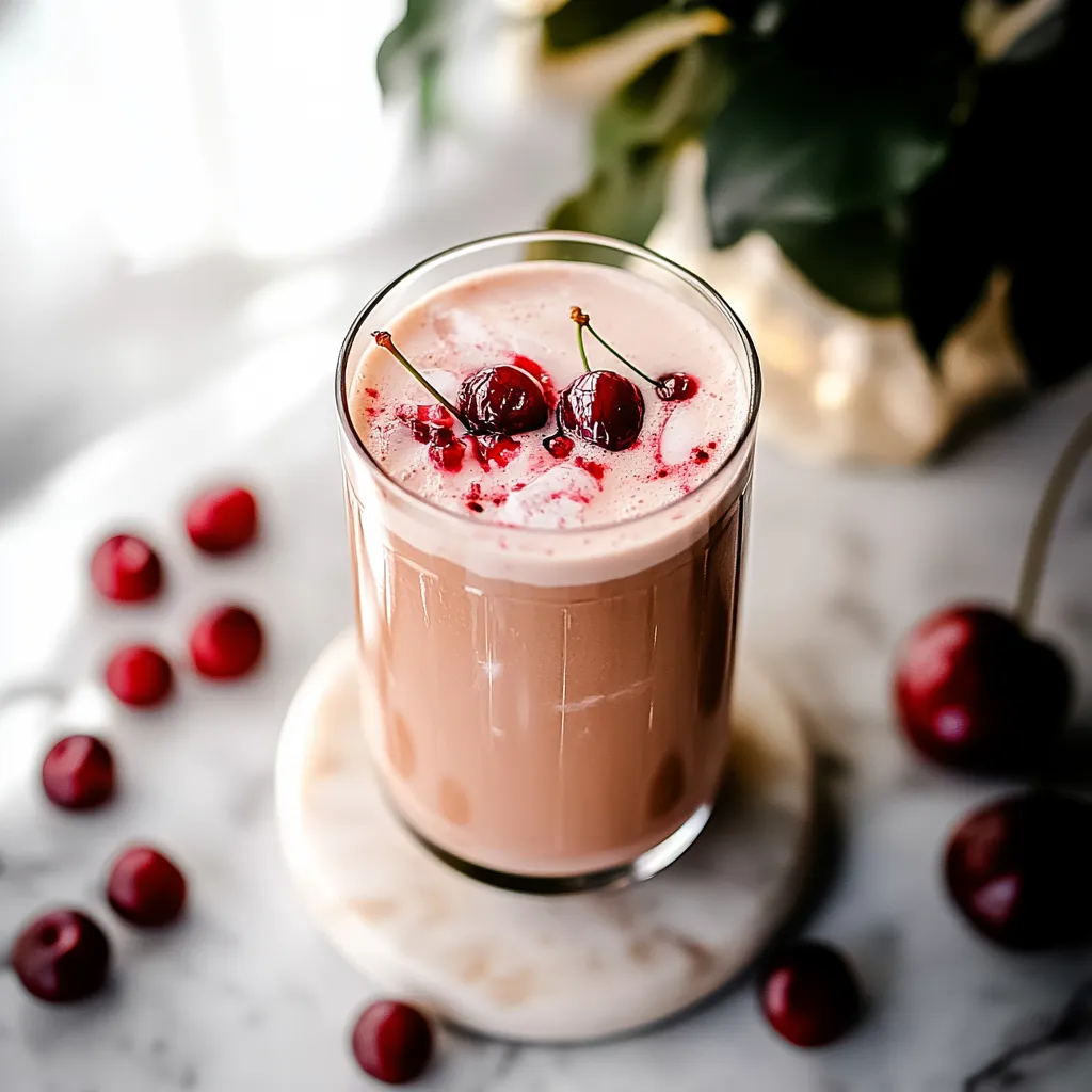 A glass of chocolate milk with cherries on top.