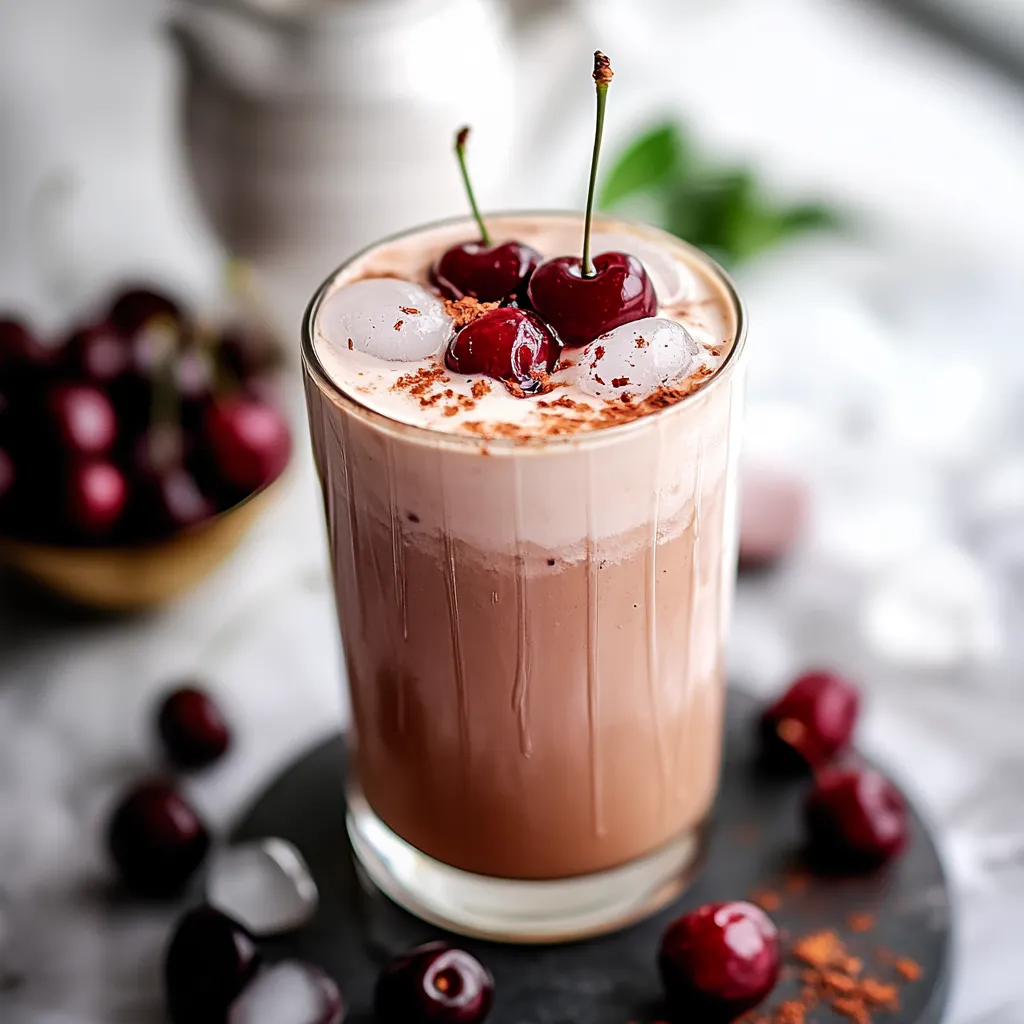A glass of chocolate milk with cherries on top.
