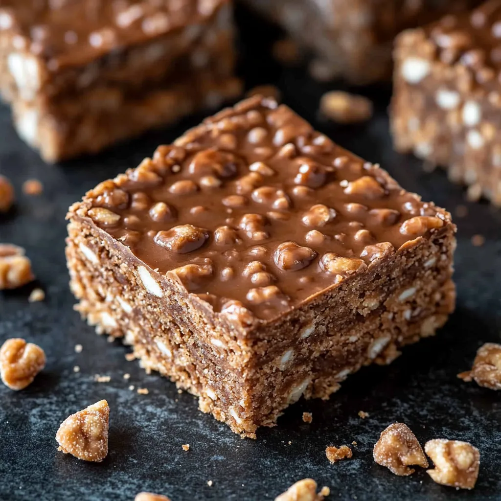 A square of chocolate cake with nuts.