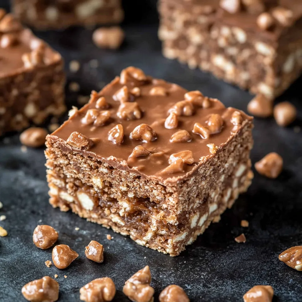 A square of chocolate cake with nuts on top.