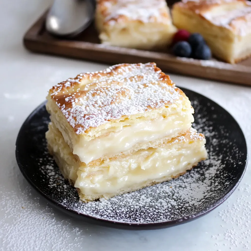 A slice of cake with powdered sugar on a plate.
