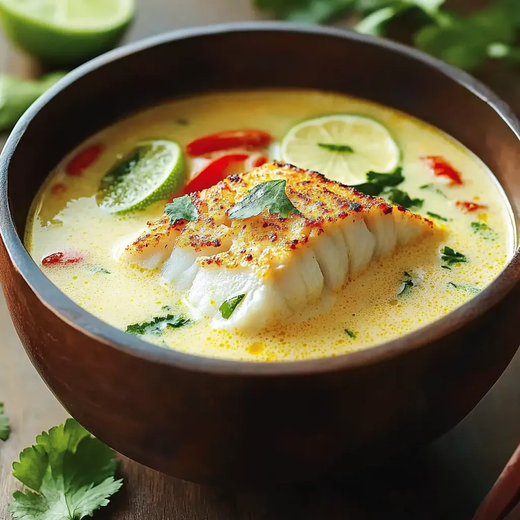 A bowl of soup with fish and vegetables.