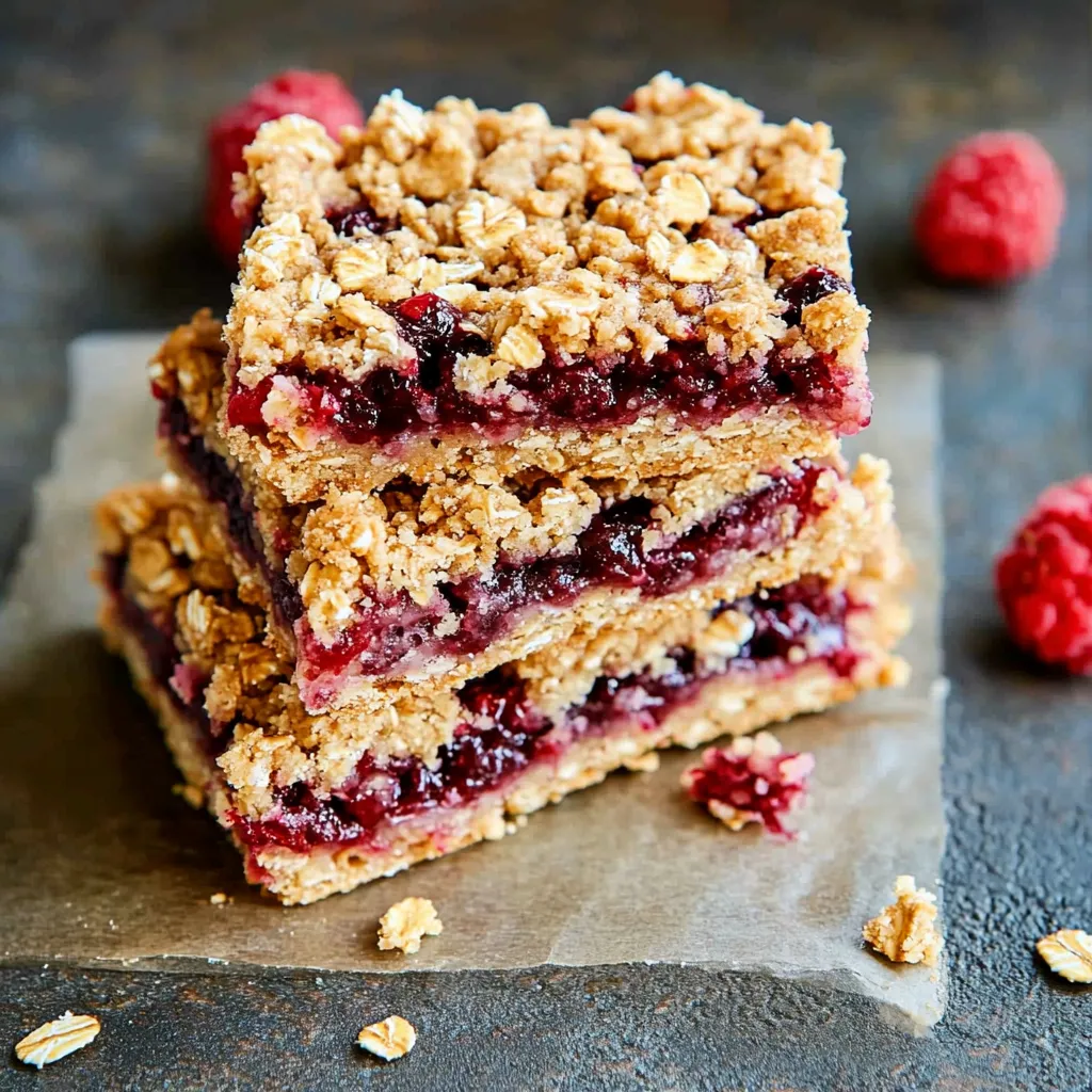 A stack of three cake bars with raspberries on top.