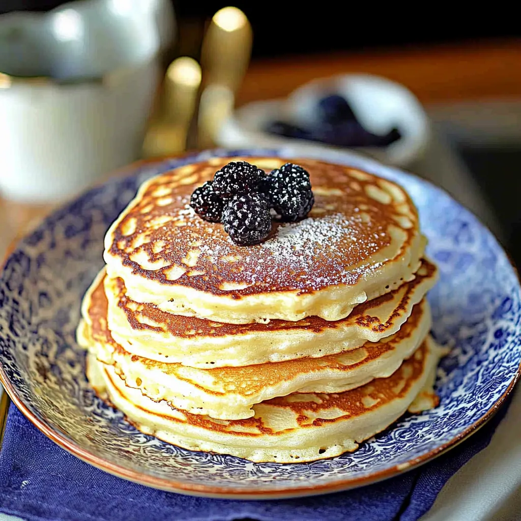 A stack of pancakes with blackberries on top.
