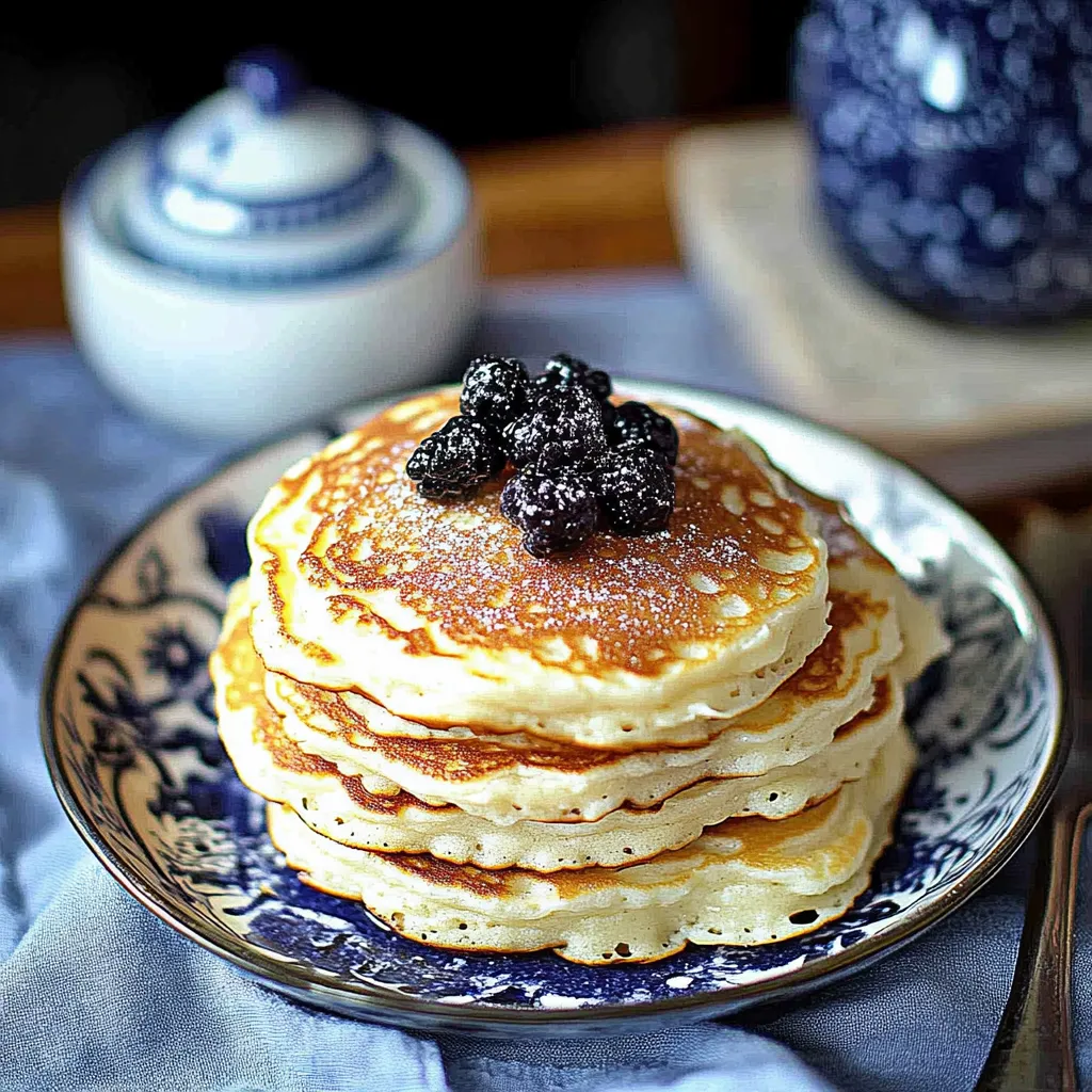 A stack of pancakes with blackberries on top.