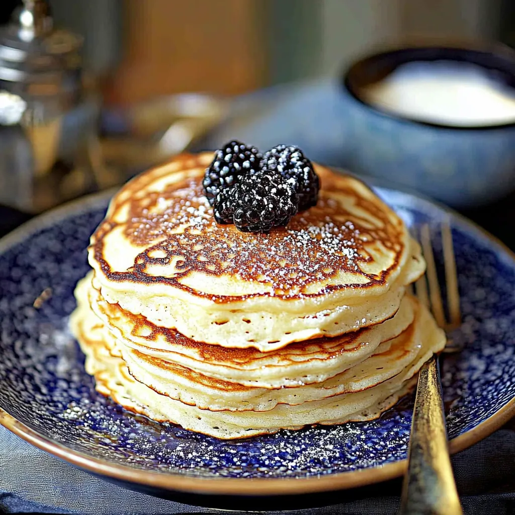 A stack of pancakes with blackberries on top.