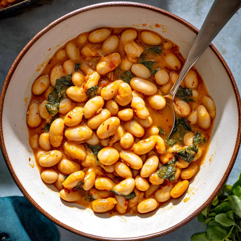 A bowl of beans with a spoon in it.
