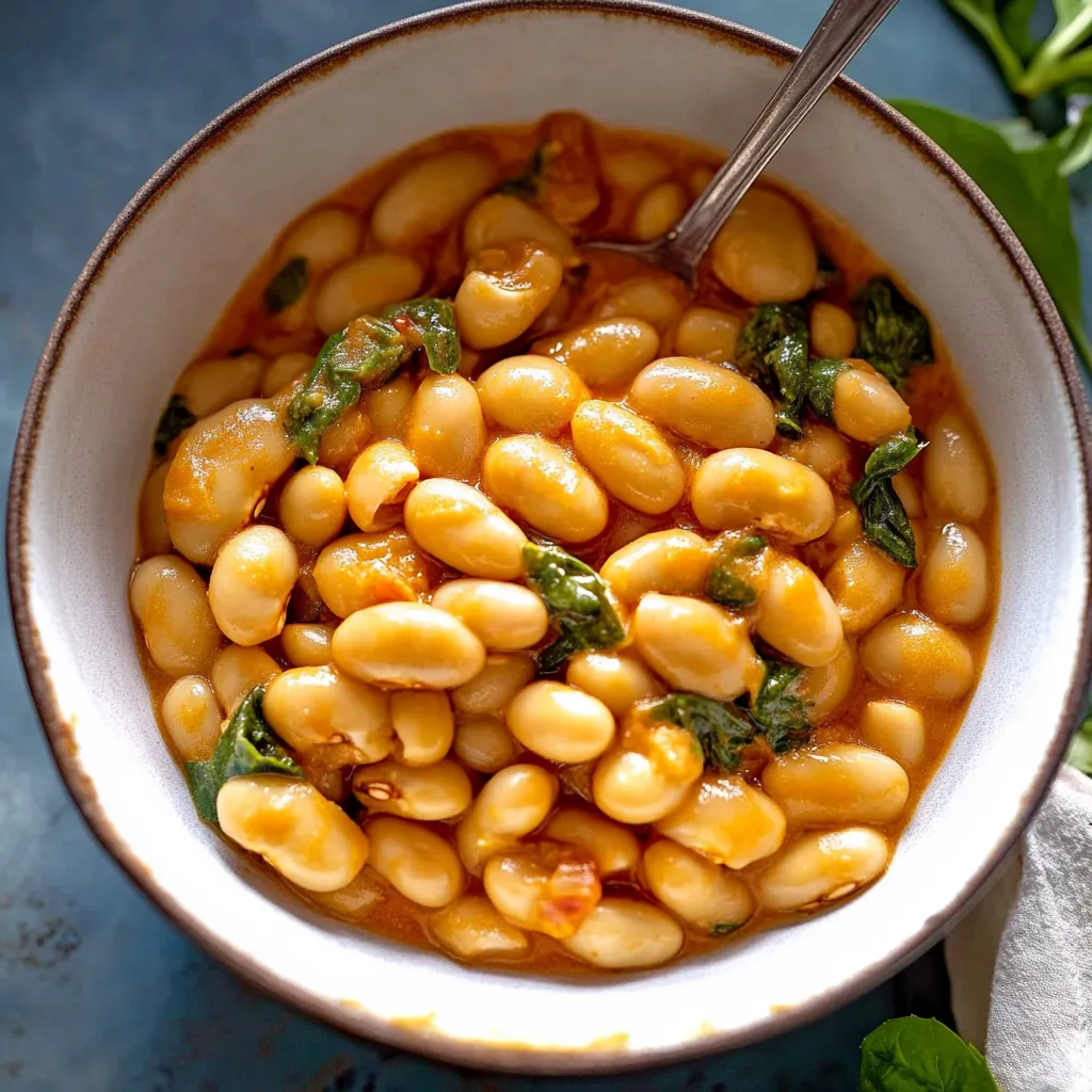 A bowl of beans with a spoon in it.