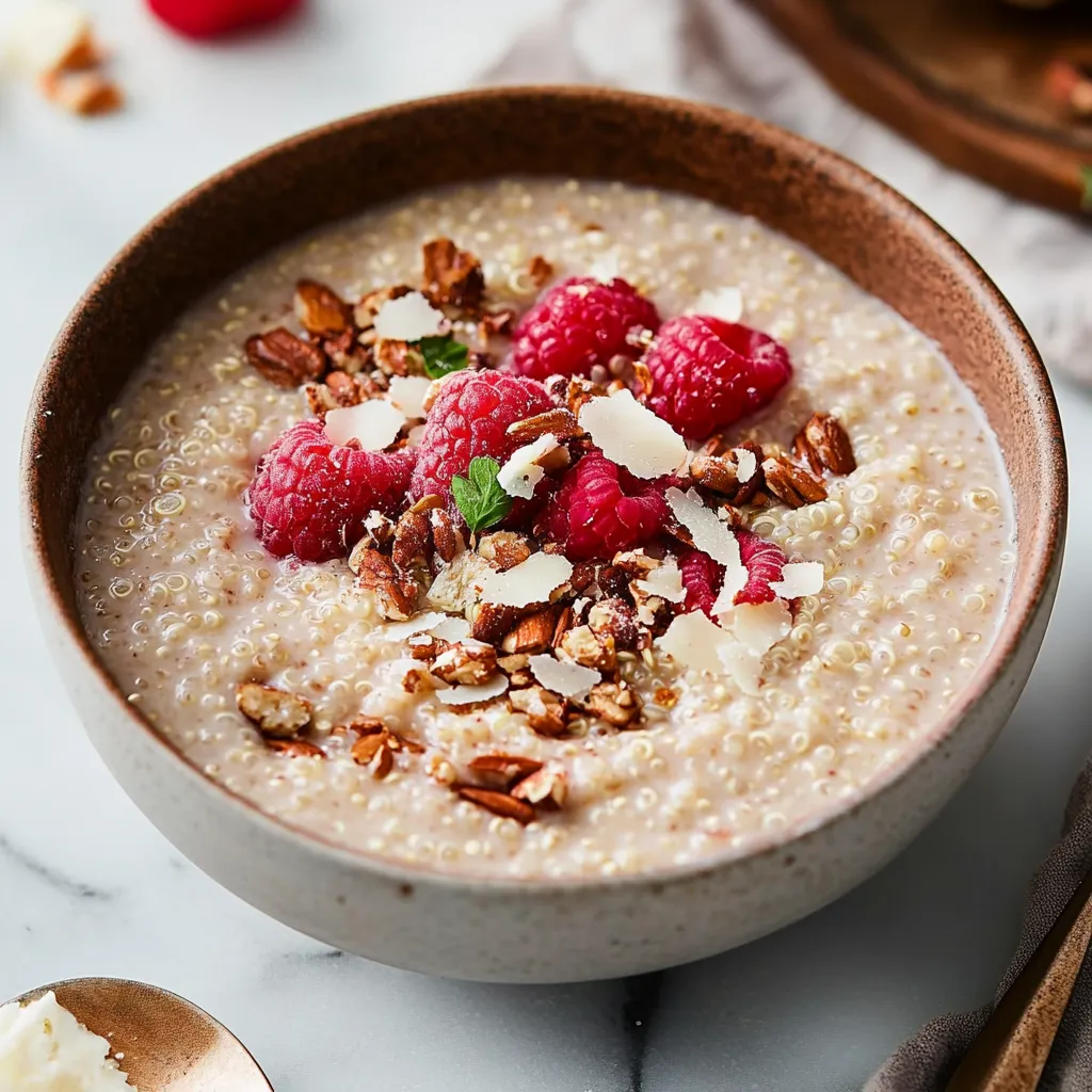 Bowl of oatmeal with raspberries and walnuts.