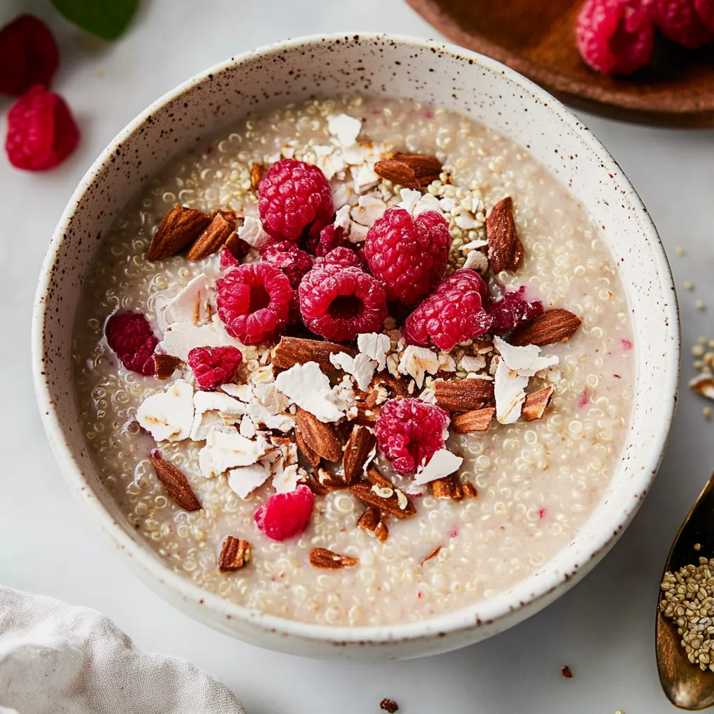 A bowl of oatmeal with raspberries on top.