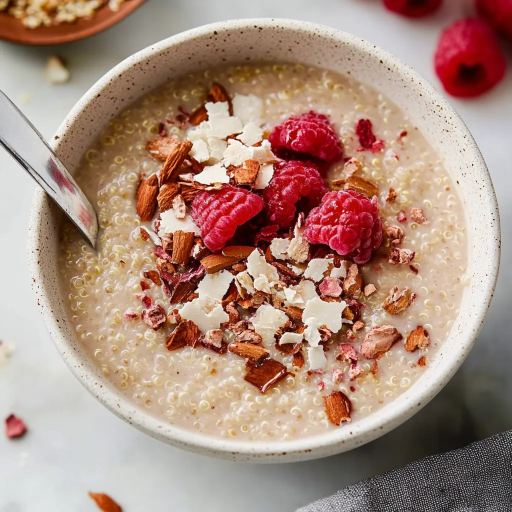 A bowl of oatmeal with raspberries and nuts.