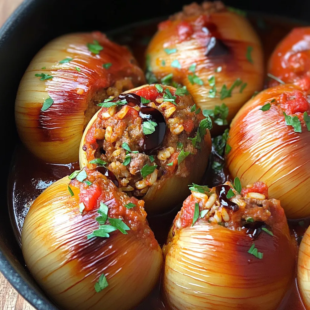 A bowl of stuffed peppers with sauce.