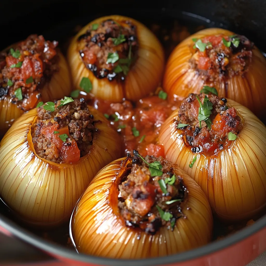 A bowl of food with onions and tomatoes.