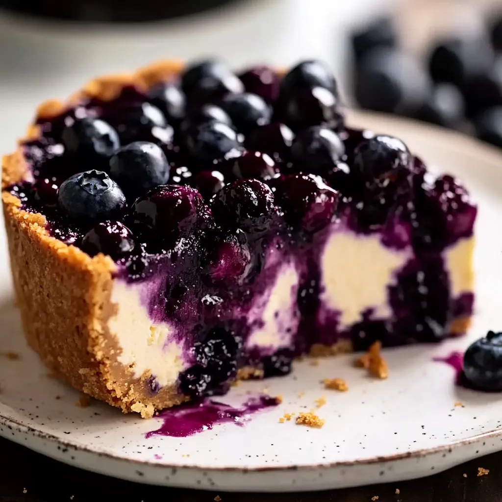 A slice of blueberry cheesecake on a plate.