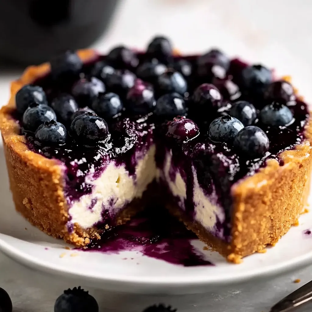 A slice of blueberry cheesecake on a plate.