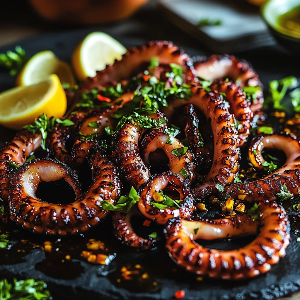 A plate of octopus with lemon wedges on top.