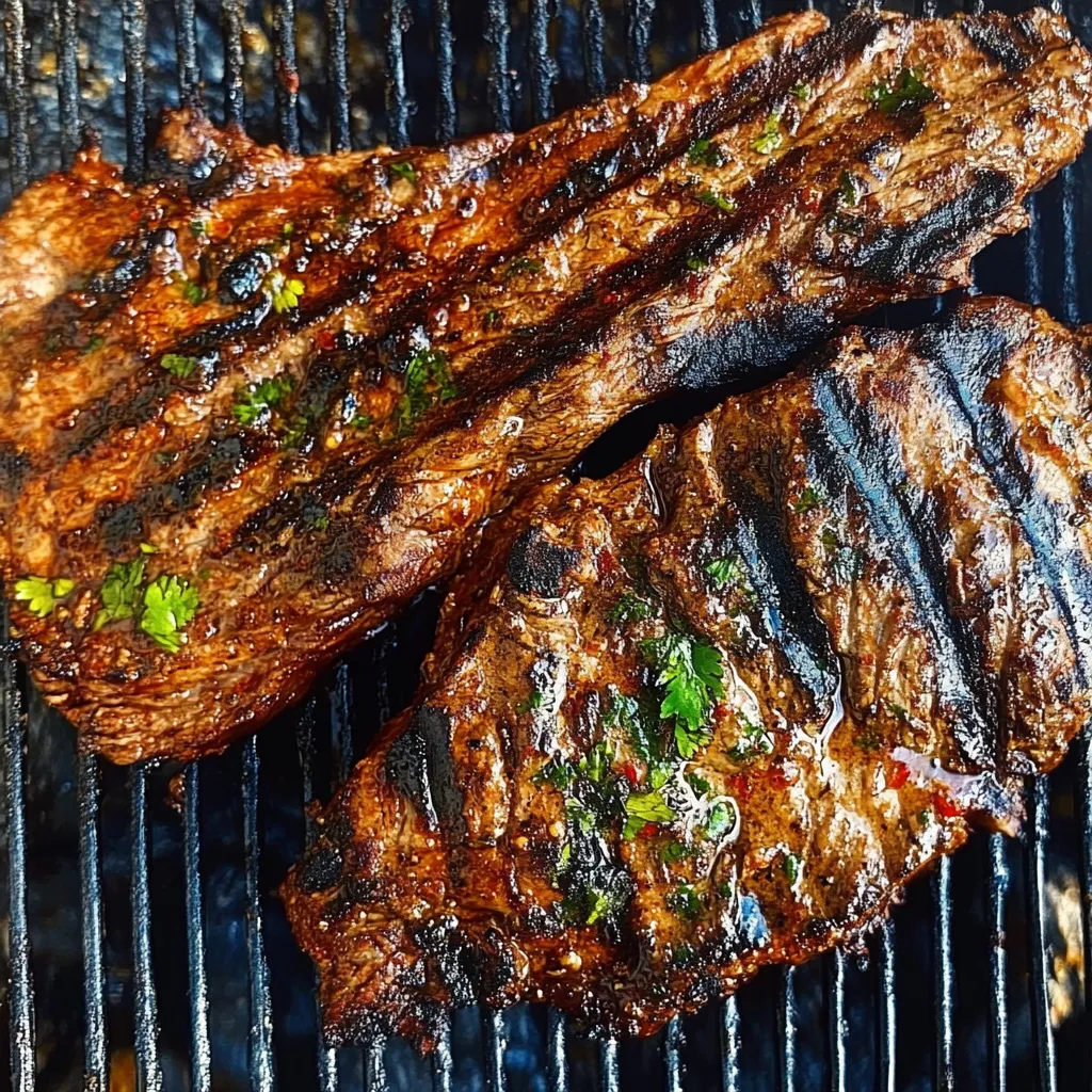 Steak on a grill.