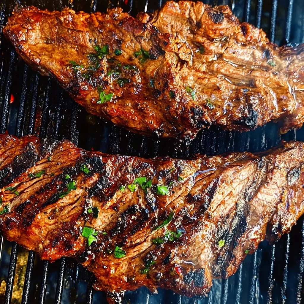 Steak on a grill.