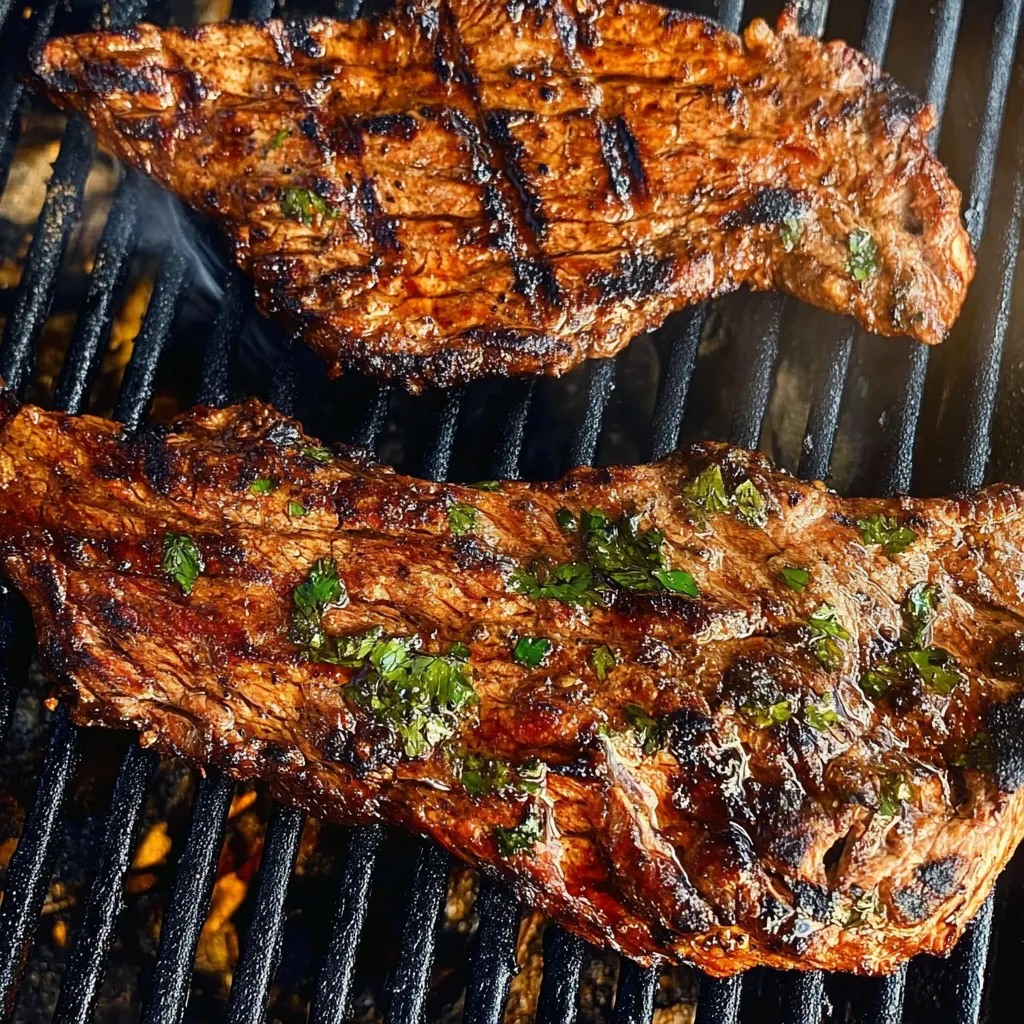 Steak on a grill.