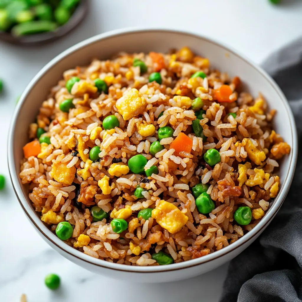 A bowl of rice with peas and carrots.