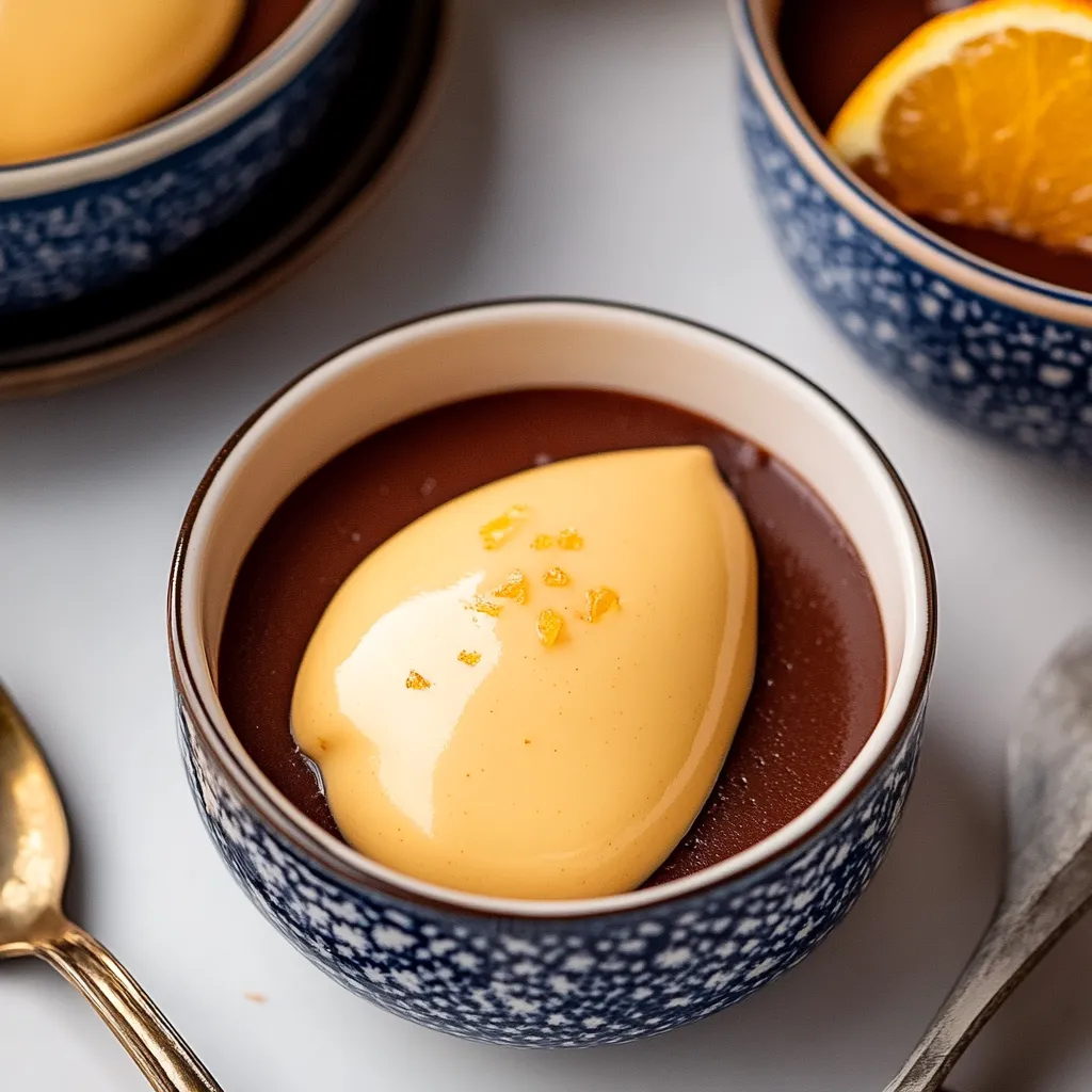 A bowl of chocolate dessert with a lemon wedge on top.