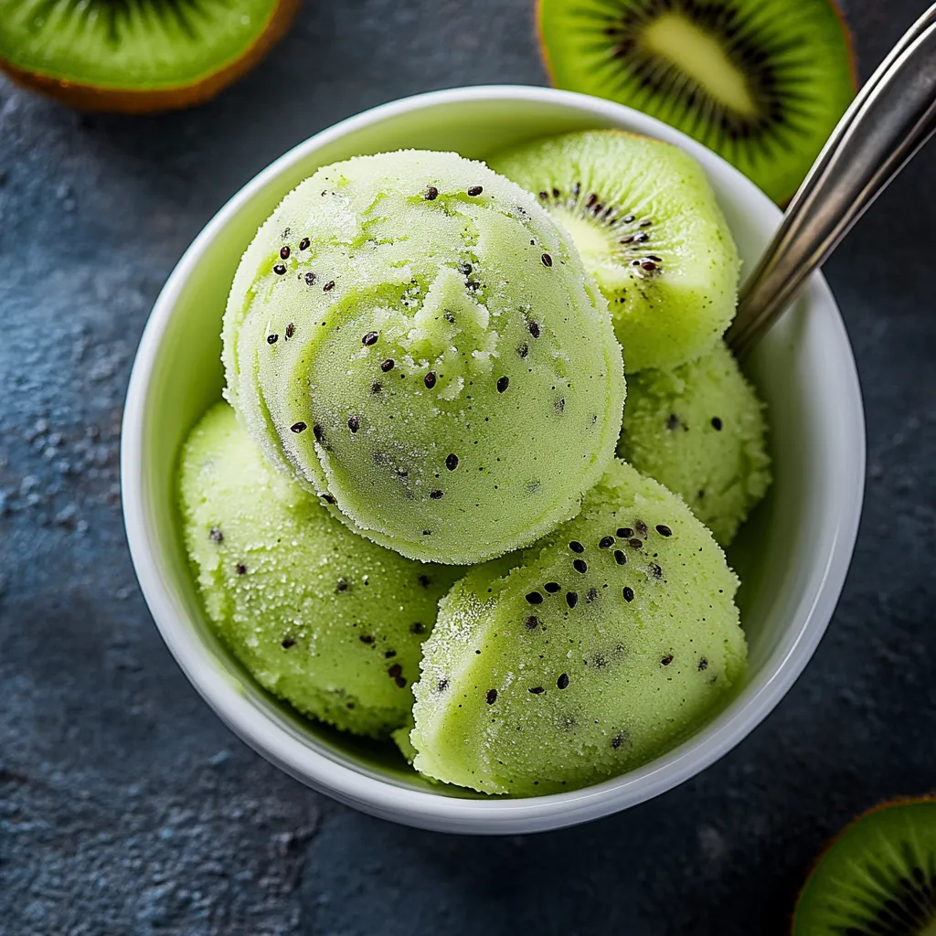 A bowl of green ice cream with kiwi fruit.