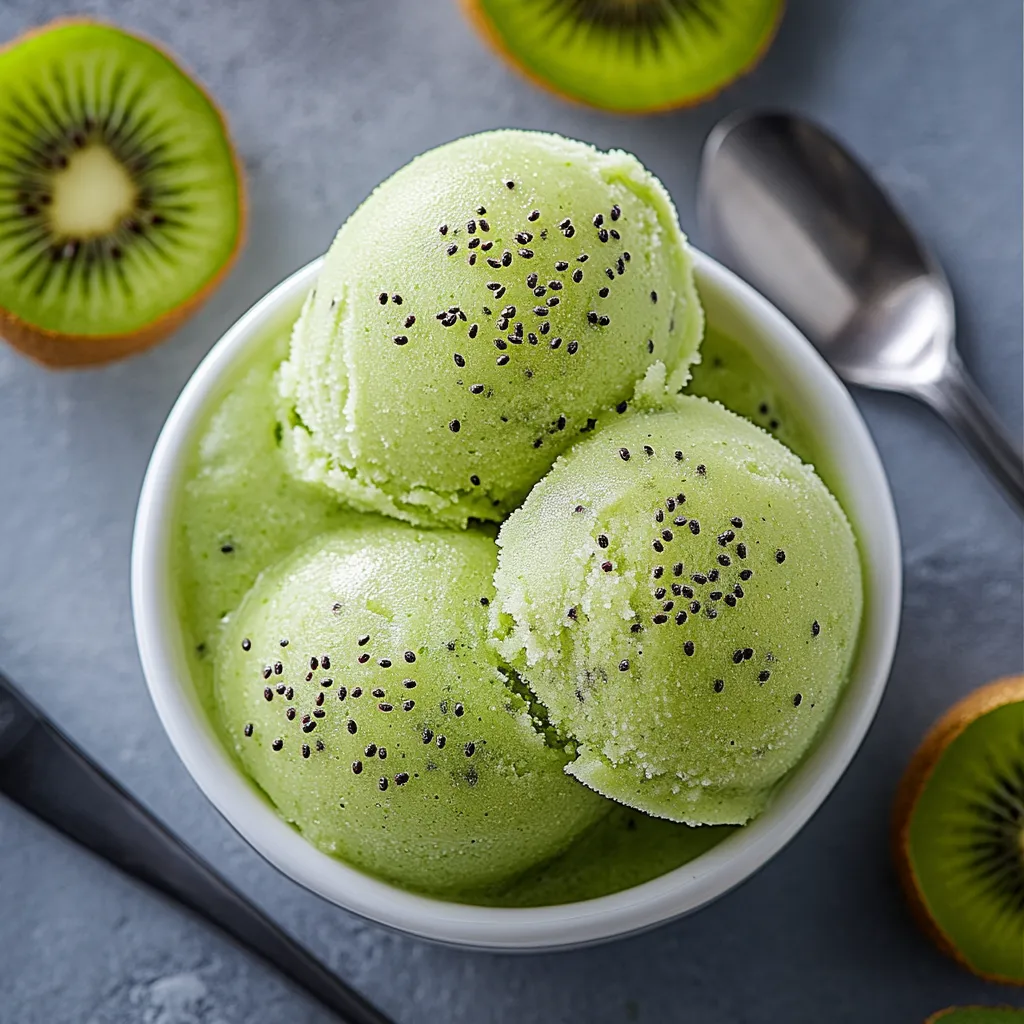 A bowl of green ice cream with kiwi slices.