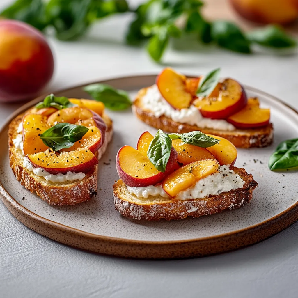Two slices of bread with peaches and mint on top.