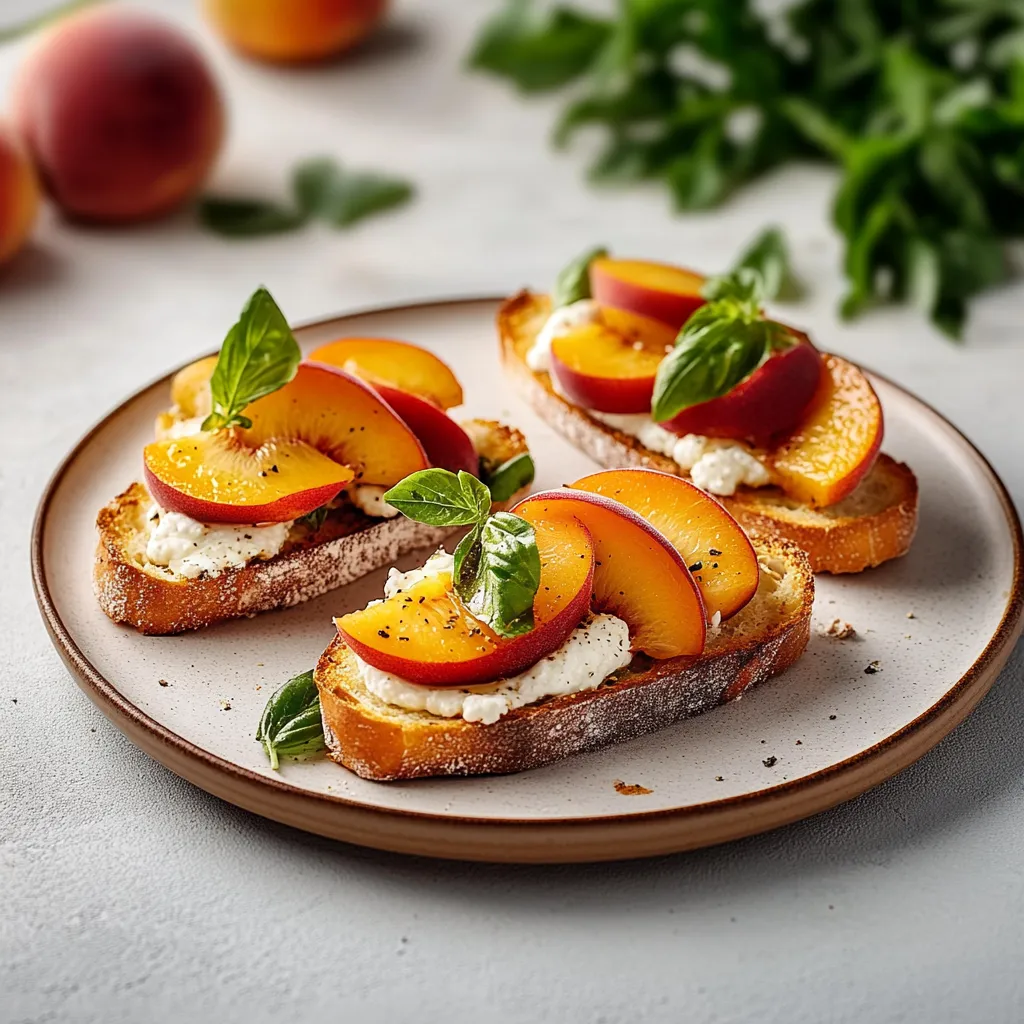 A plate of toast with peaches and basil on it.