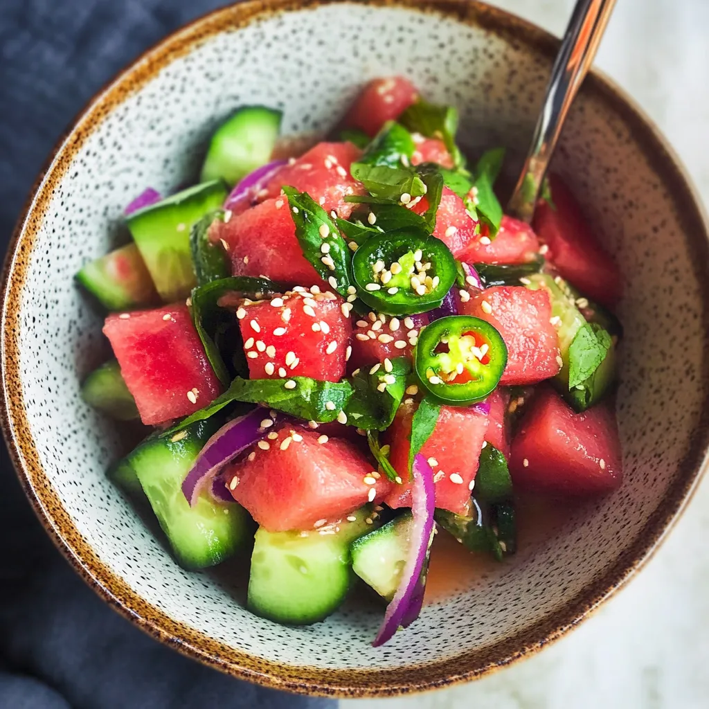 A bowl of fruit salad with cucumbers, watermelon, and peppers.