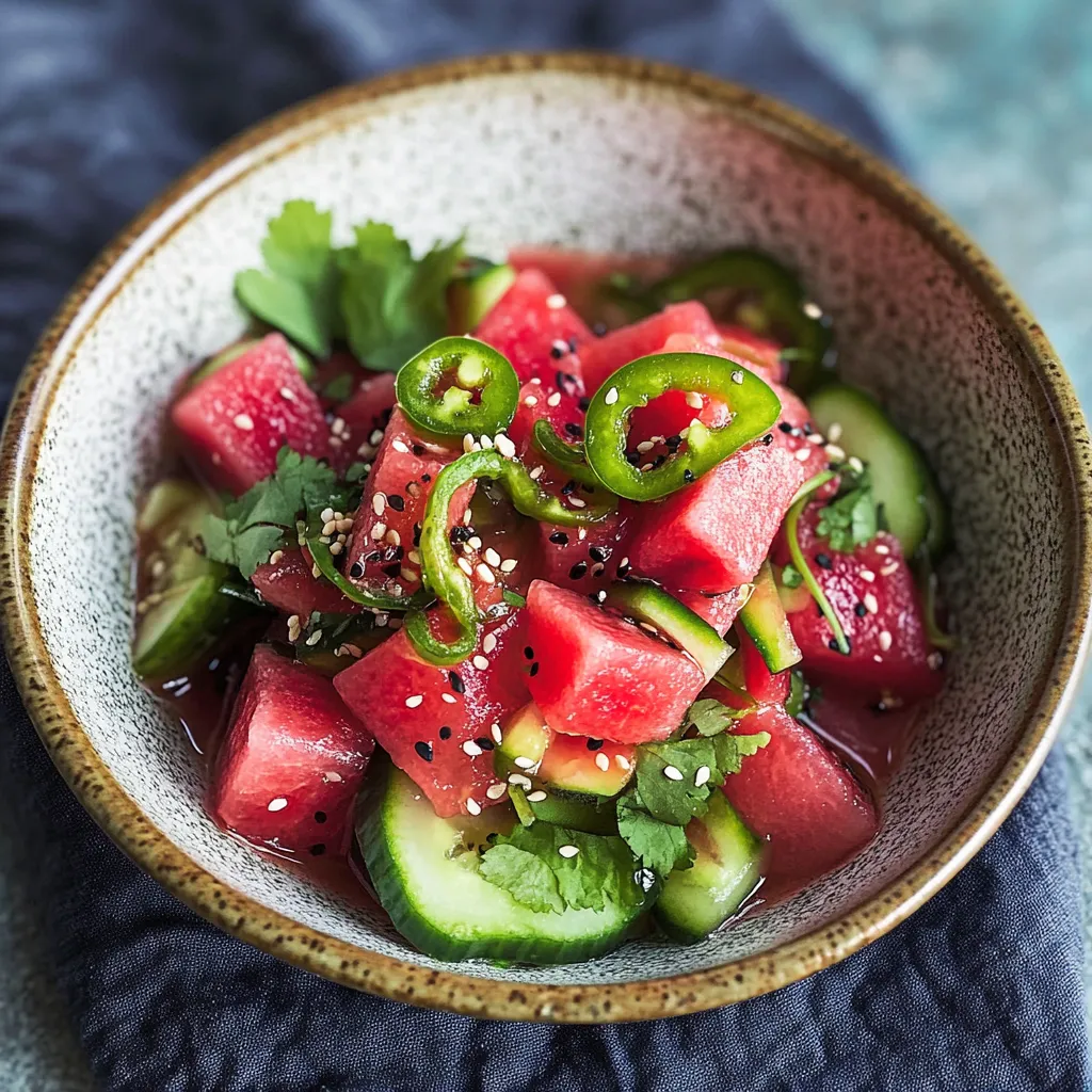A bowl of fruit salad with watermelon, cucumber, and jalapenos.