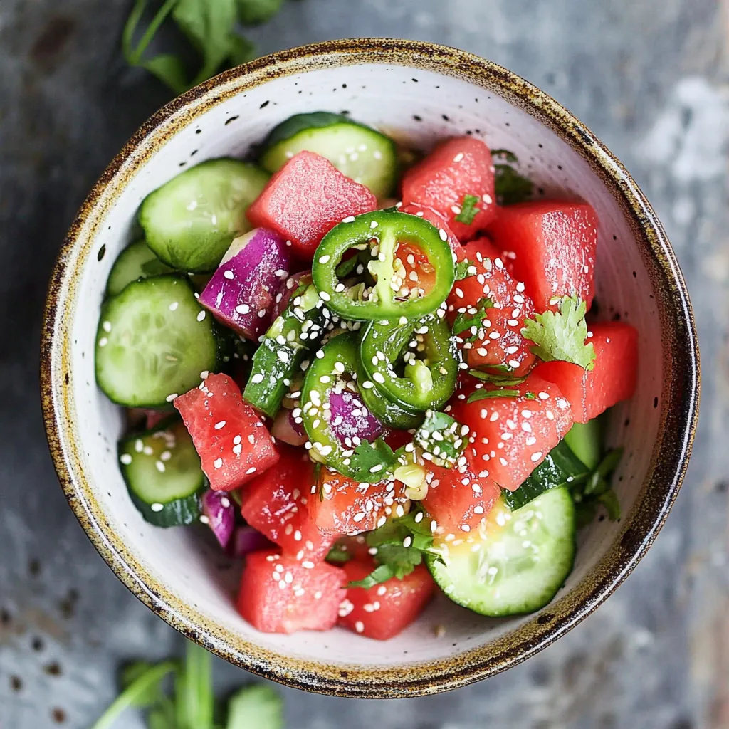 A bowl of fruit with watermelon, cucumbers, and peppers.
