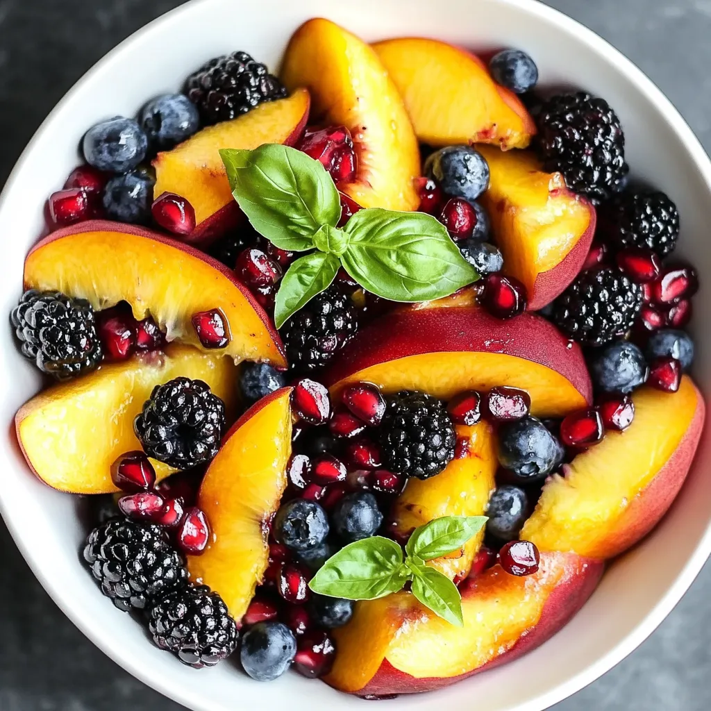 A bowl of fruit with blueberries, peaches, and blackberries.
