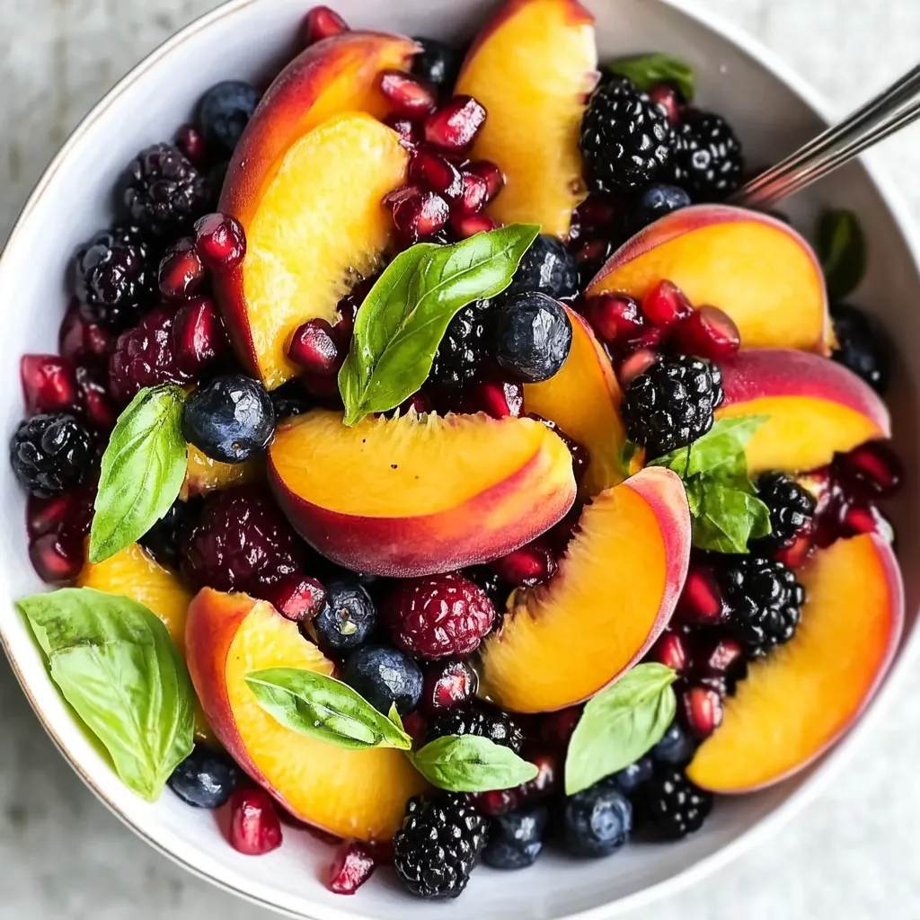 A bowl of fruit with blueberries, peaches, and raspberries.