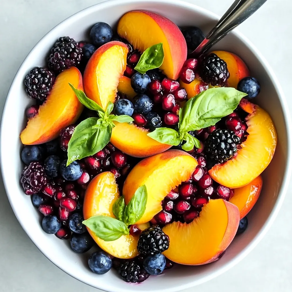 A bowl of fruit with blueberries, peaches, and raspberries.