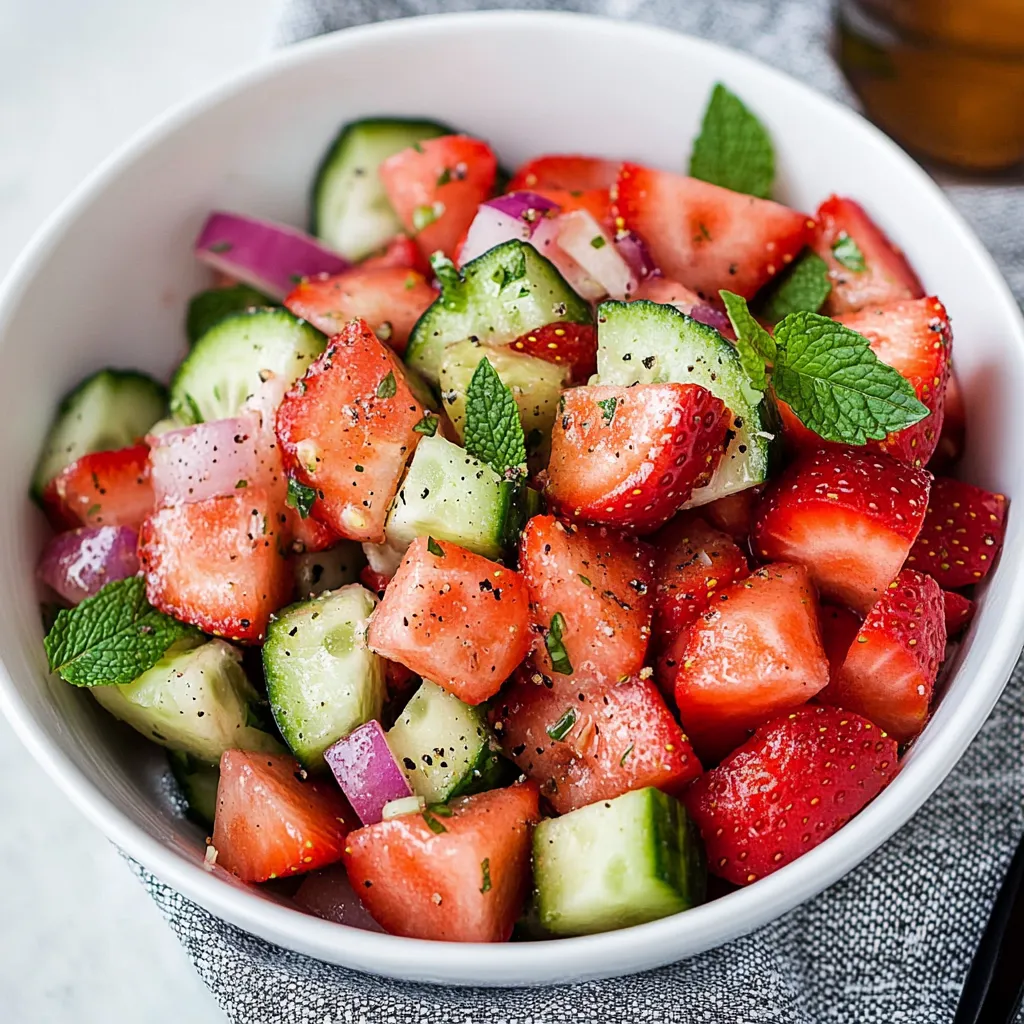 A bowl of fruit with strawberries, cucumbers, and tomatoes.