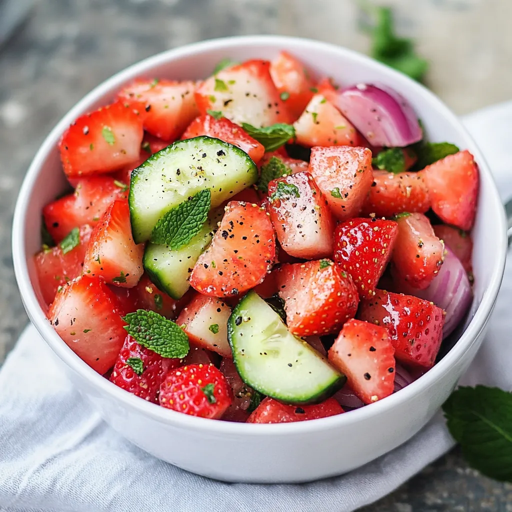 A bowl of fruit with strawberries, cucumbers, and onions.