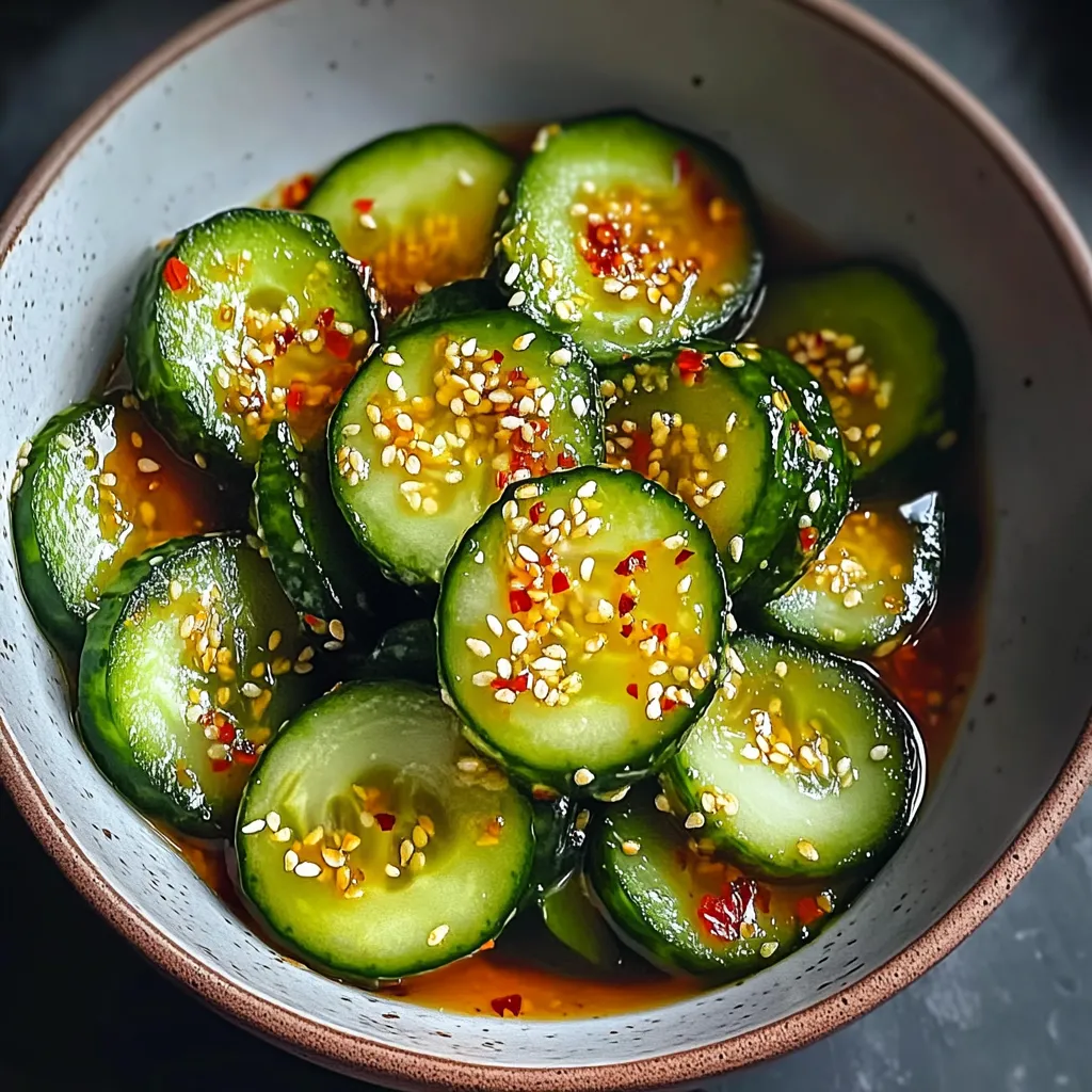 A bowl of sliced cucumbers with seasoning.