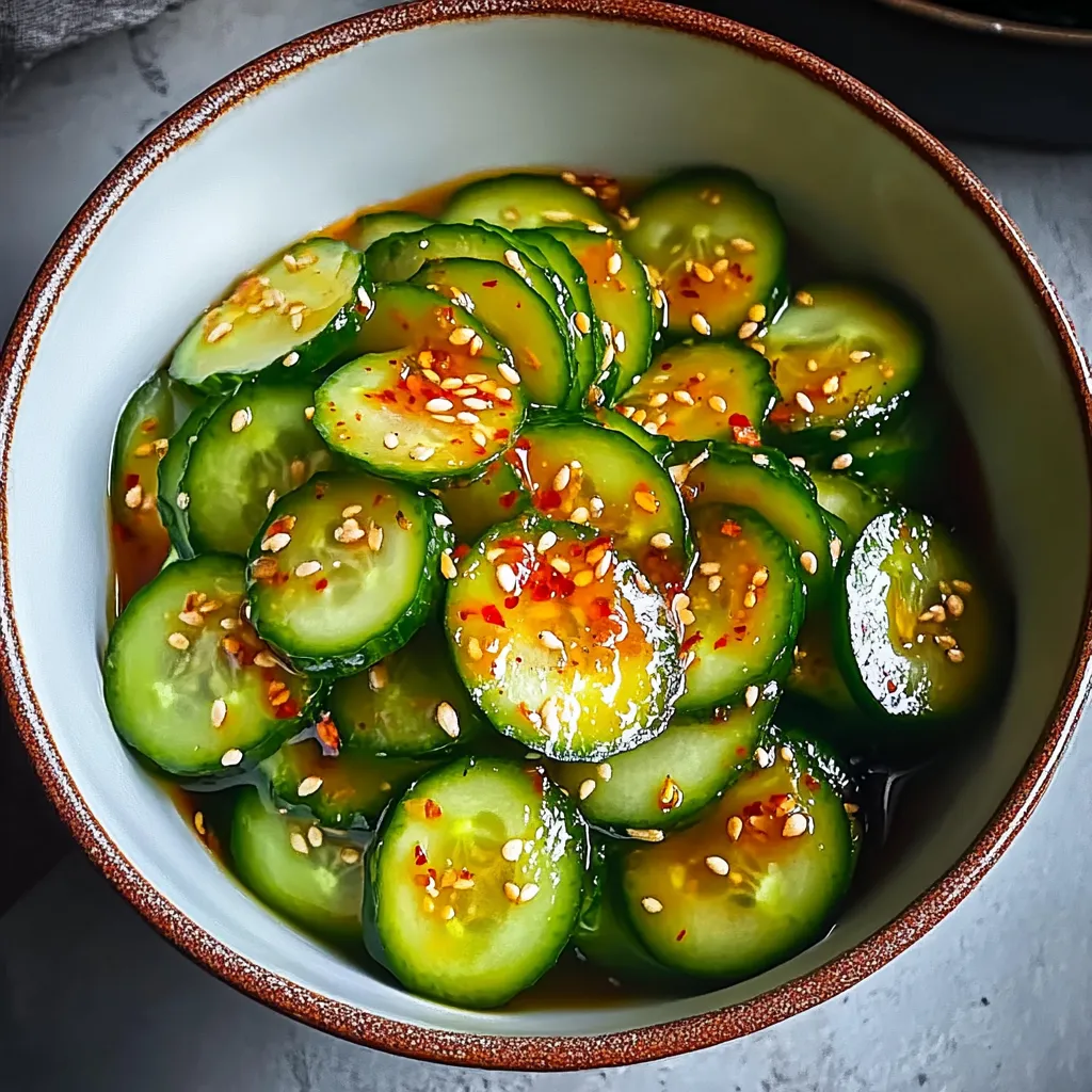 A bowl of cucumbers with red peppers.
