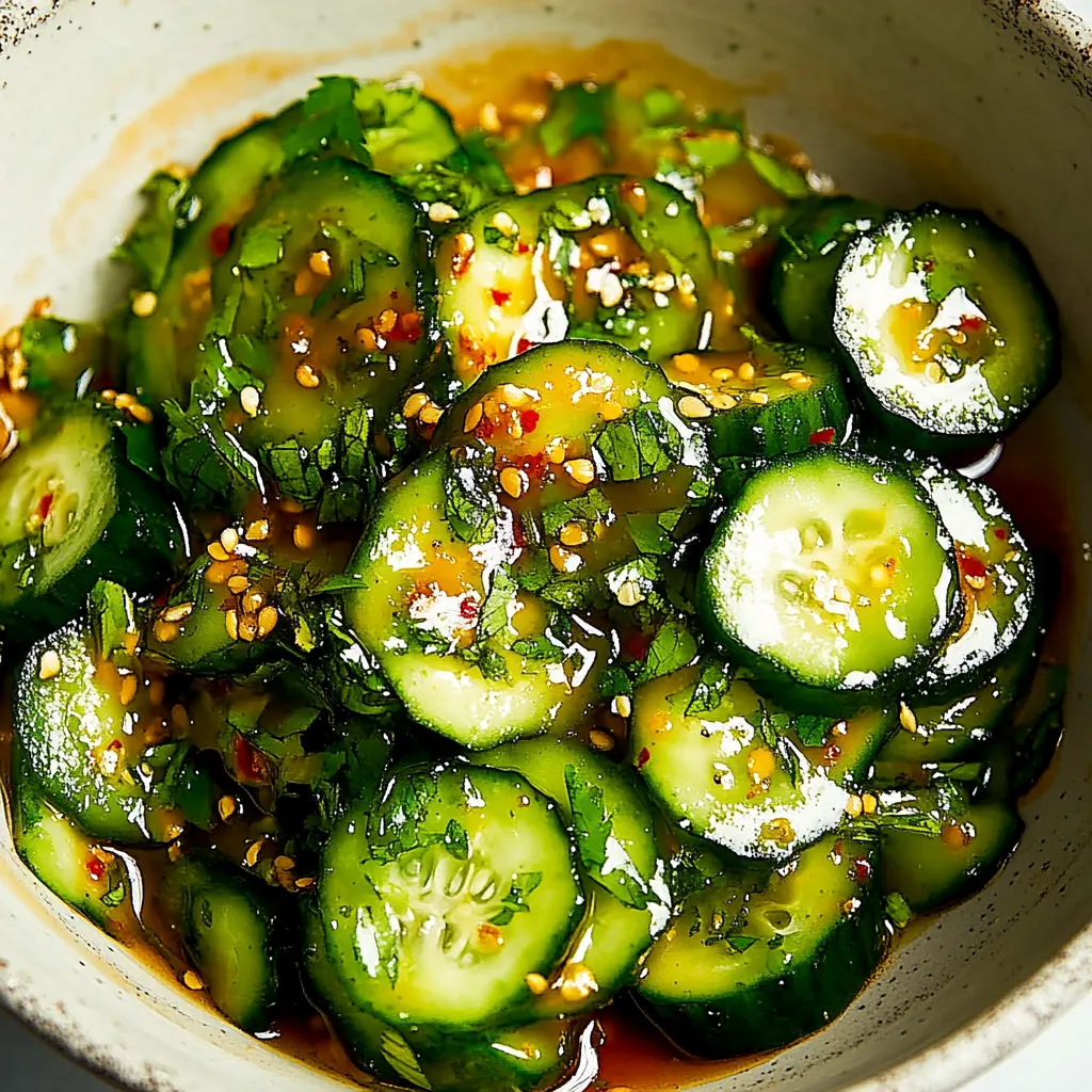 A bowl of food with cucumbers and spices.