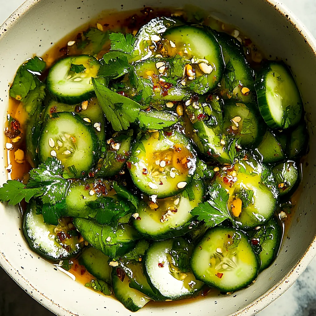 A bowl of cucumbers with a sauce.