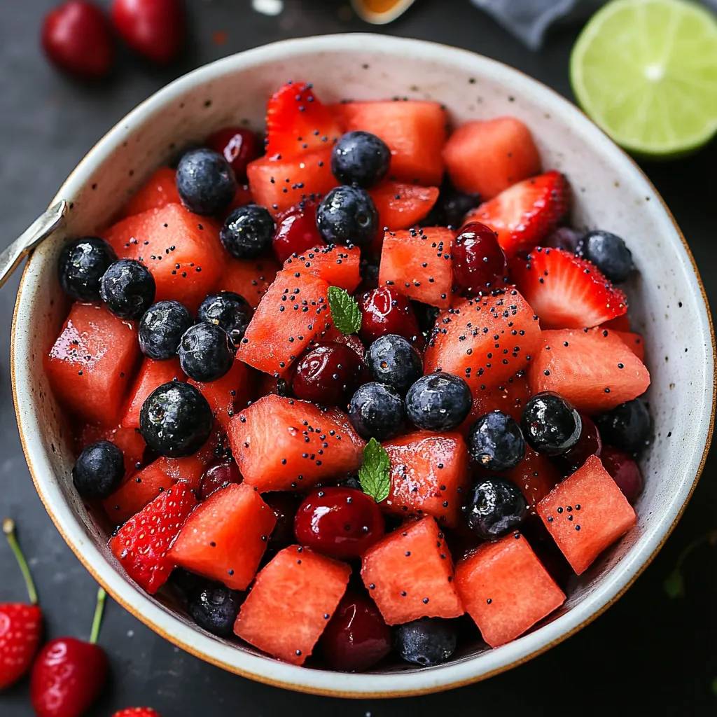 A bowl of fruit with blueberries, strawberries, and watermelon.