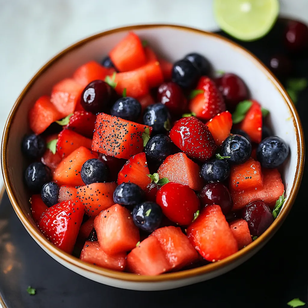 A bowl of fruit with strawberries, blueberries, and watermelon.