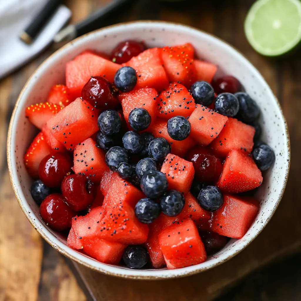 A bowl of fruit with blueberries and watermelon.