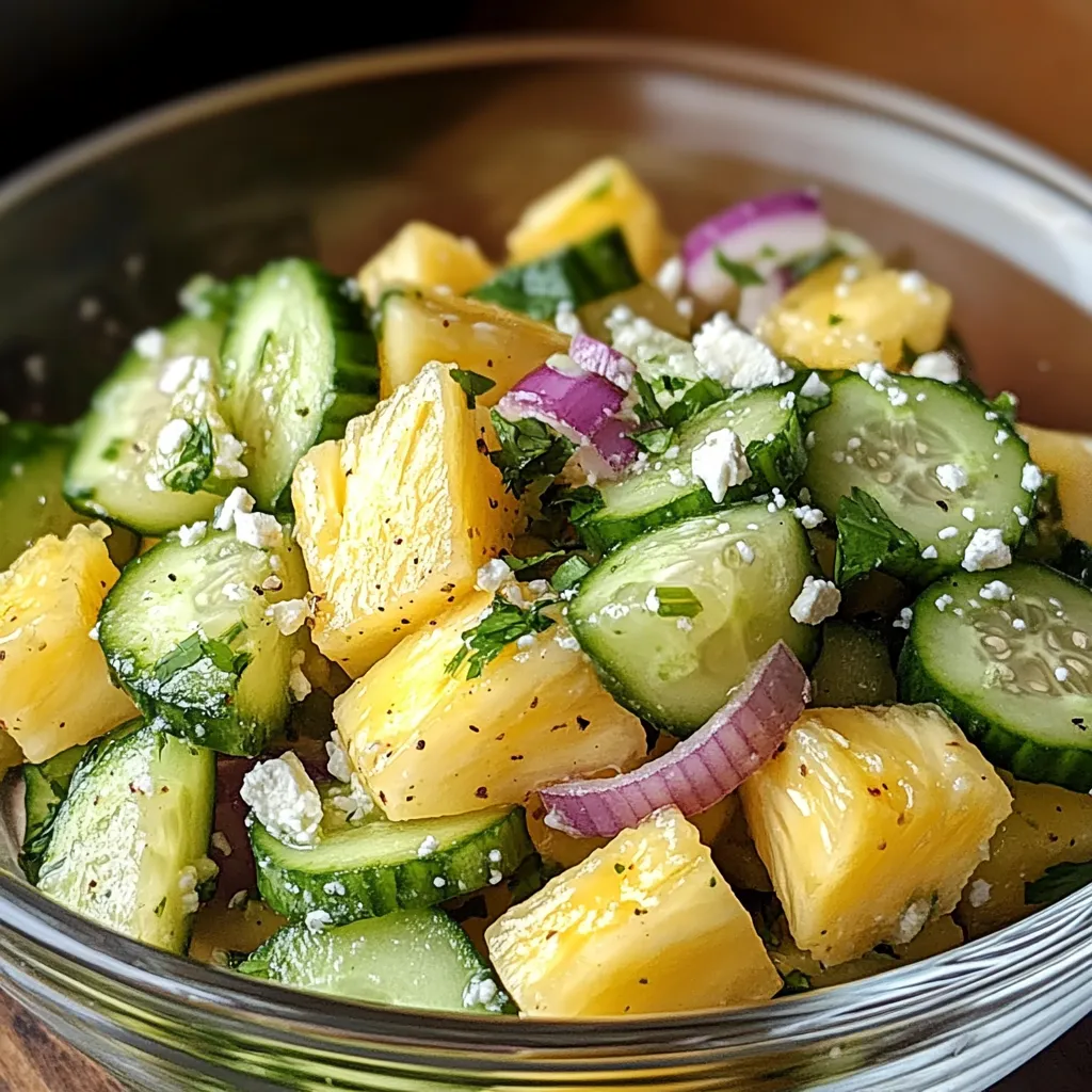 A bowl of vegetables including cucumbers, onions, and pineapple.