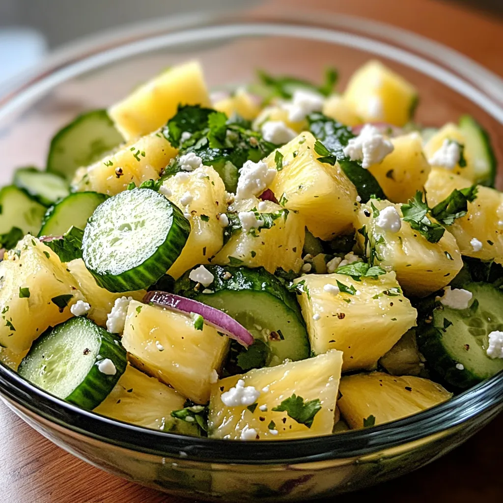 A bowl of fruit salad with cucumbers and pineapple.