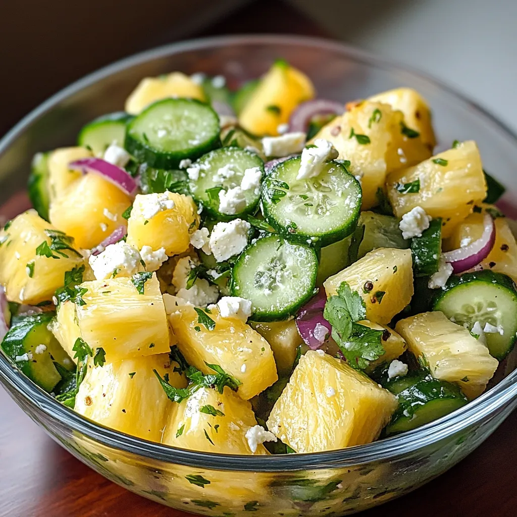 A bowl of fruit salad with cucumbers and pineapple.