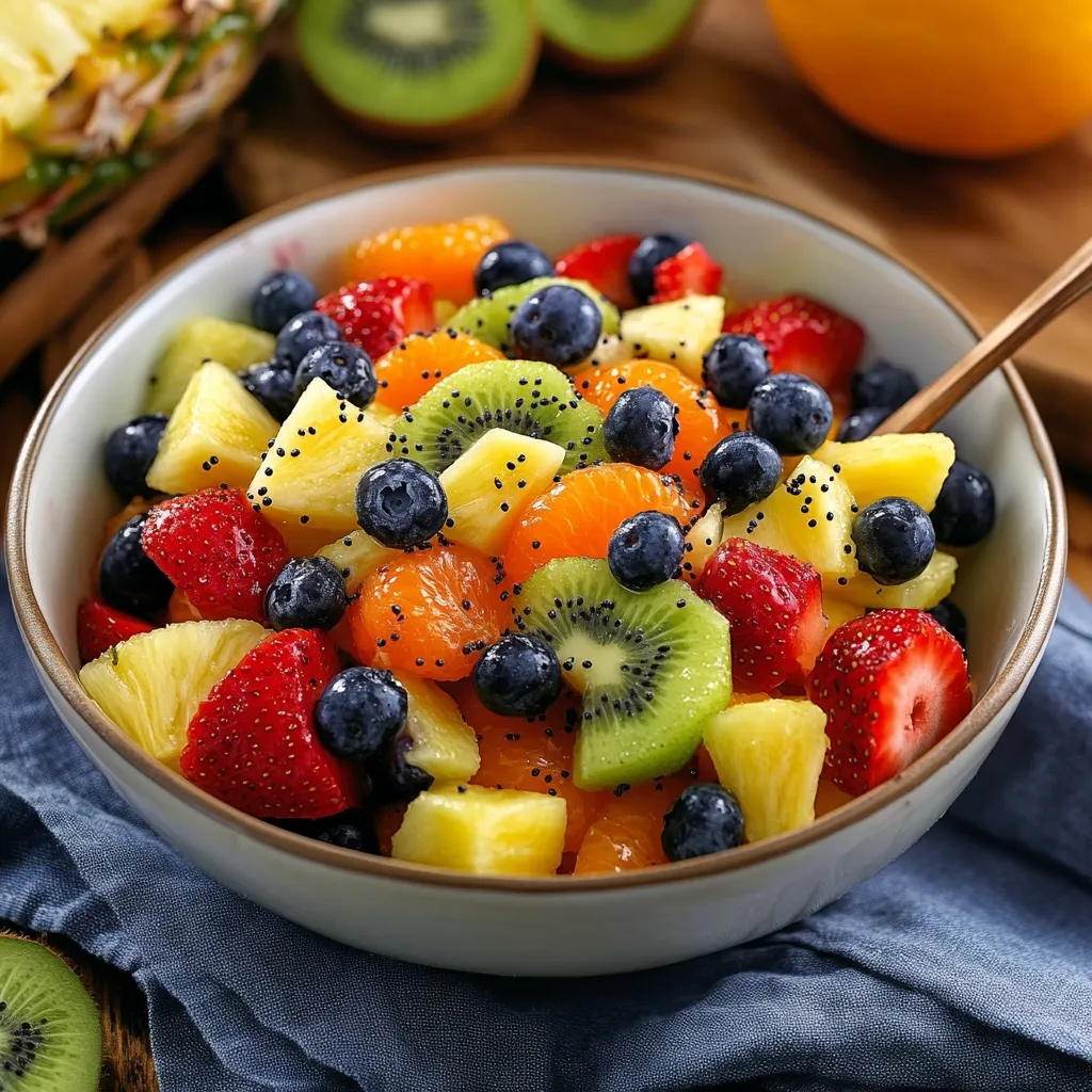 A bowl of fruit with kiwi, strawberries, blueberries, and oranges.