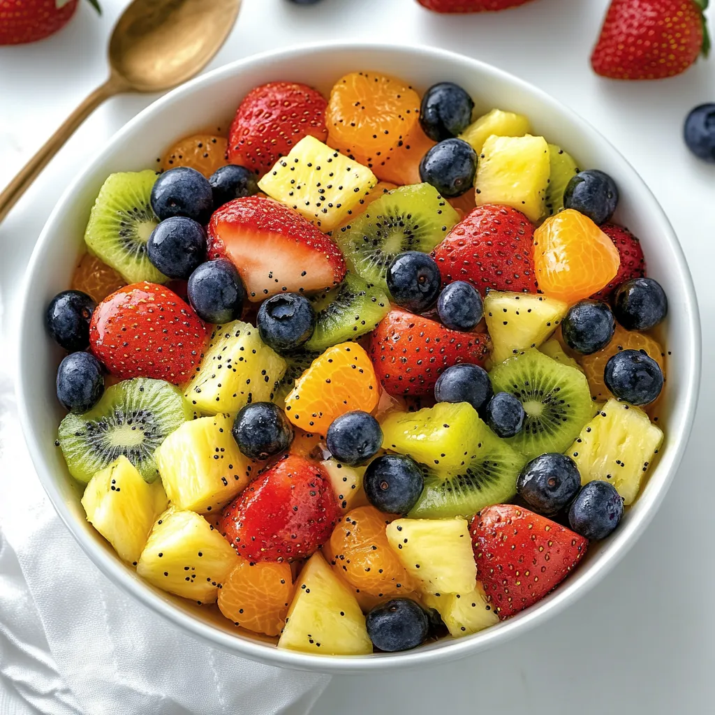 A bowl of fruit with strawberries, kiwi, blueberries, and oranges.